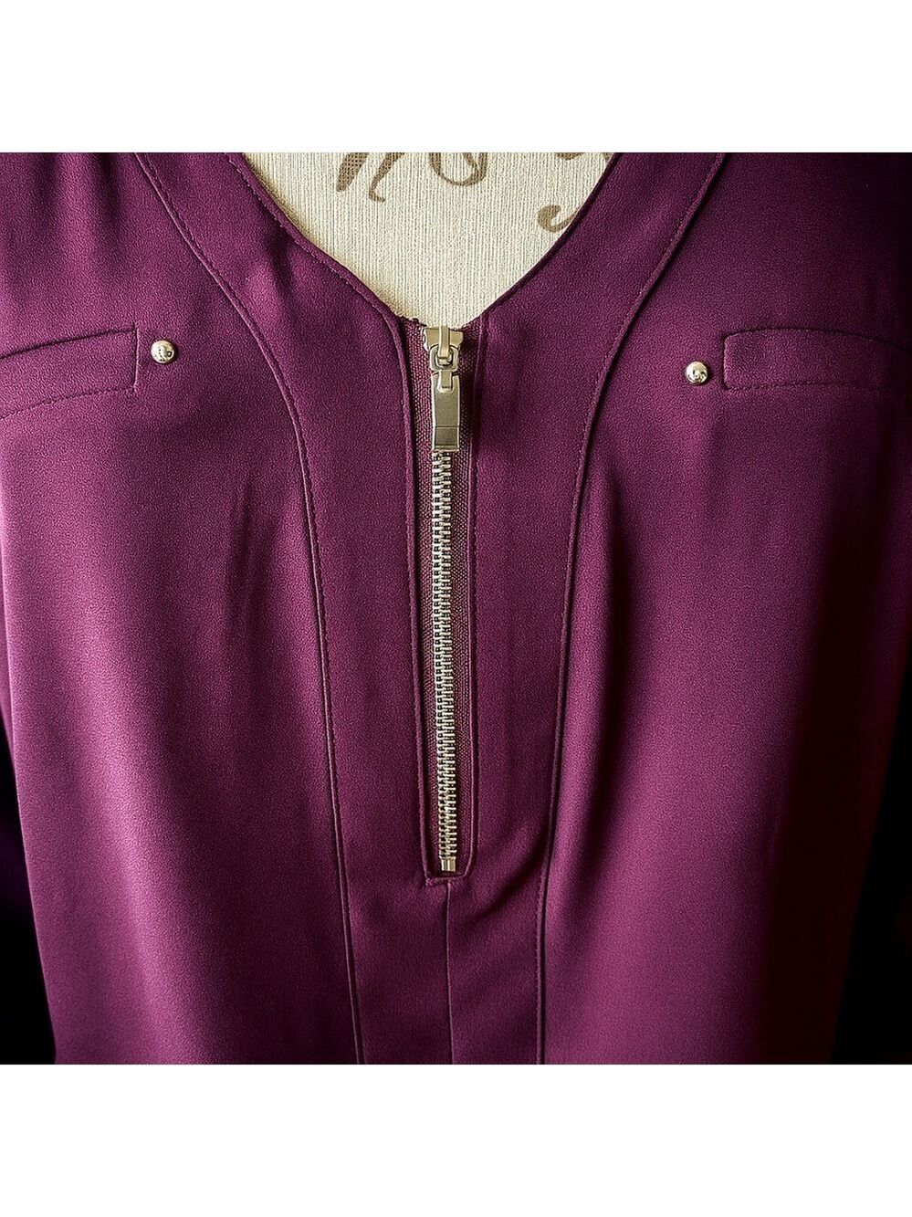 FORTUNE + IVY🍇 Women’s Zip-Front V-Neck Blouse 👠💜 Size S – Style #1733M6D - Picture 5 of 9